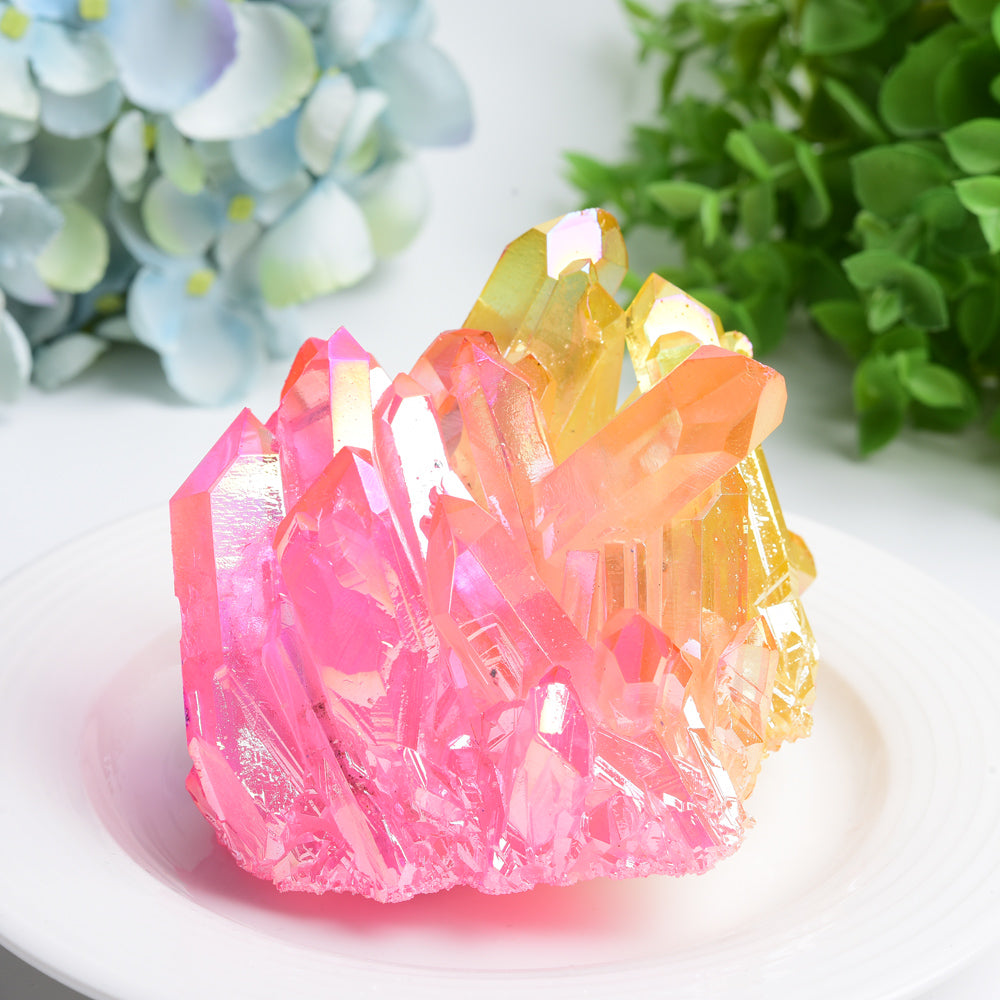 Aura Yellow Pink Crystal Clusters Free Form Healing