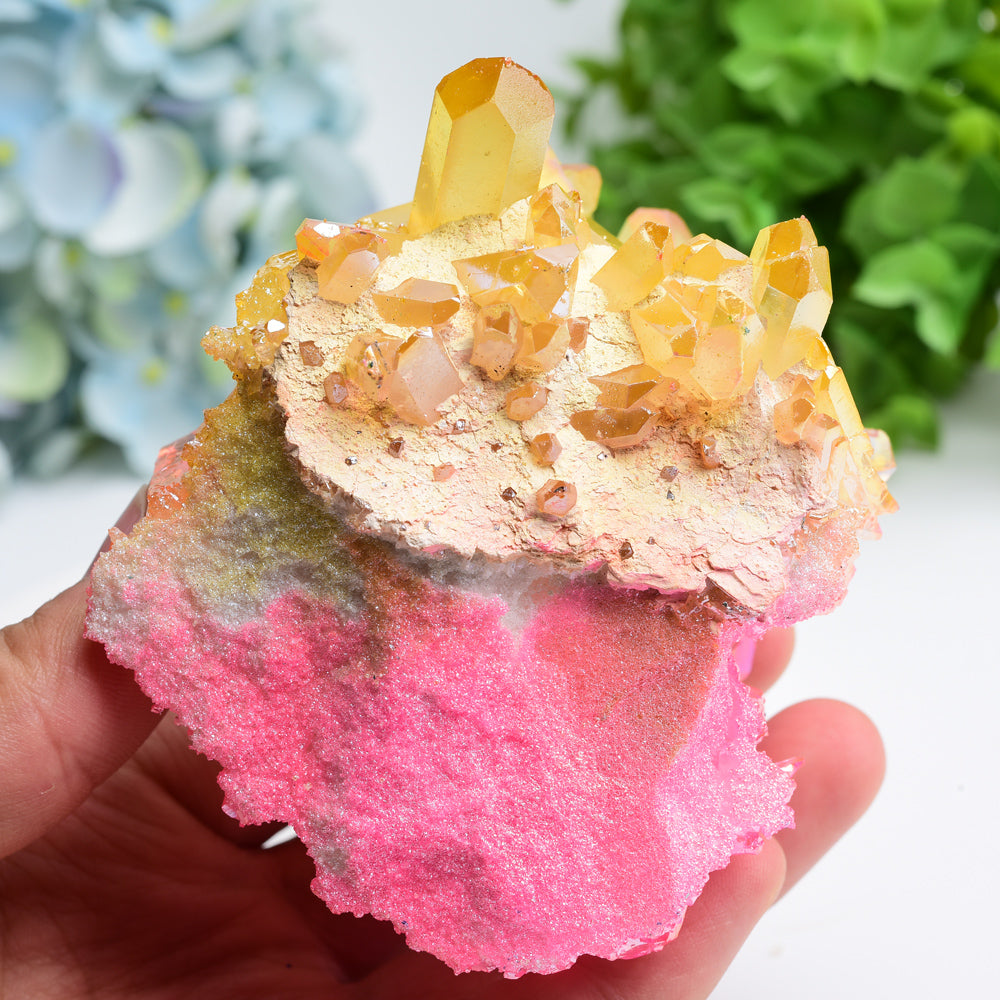 Aura Yellow Pink Crystal Clusters Free Form Healing