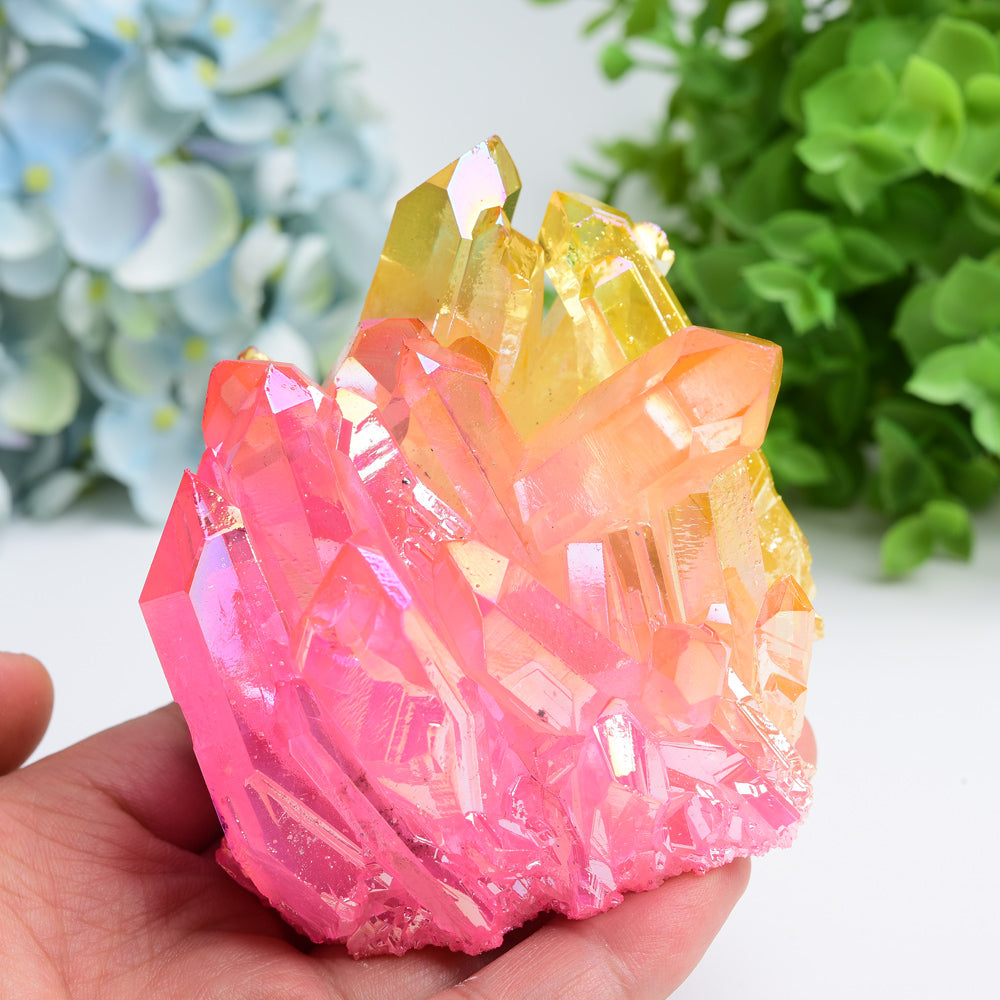 Aura Yellow Pink Crystal Clusters Free Form Healing