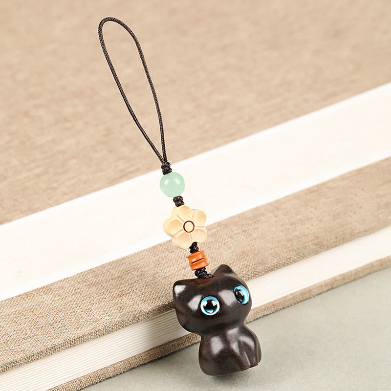 Ebony Wood Lucky Cat Key Chain for Spiritual Peace & Balance