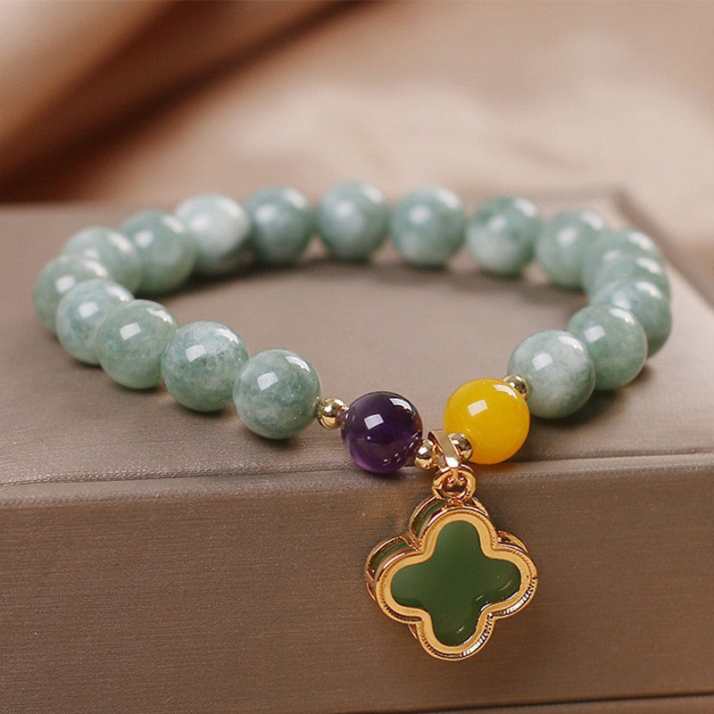 Adjustable Jade Four Leaf Clover Luck Bracelet for Prosperity