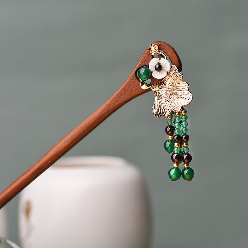 17cm Red Sandalwood Green Agate Protection Hairpin
