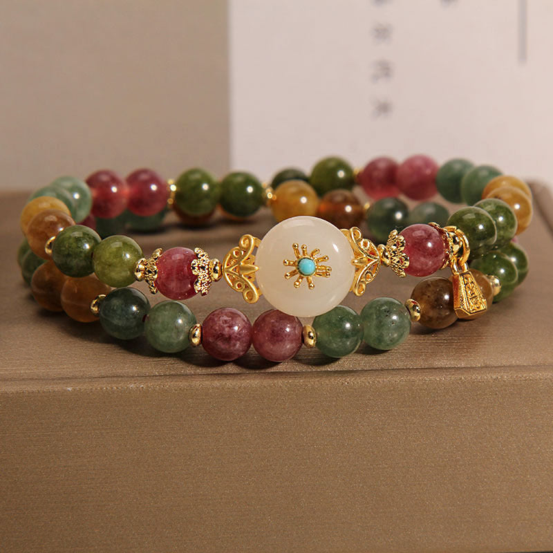 Multicolored Tourmaline Jade Flower Double Wrap Bracelet