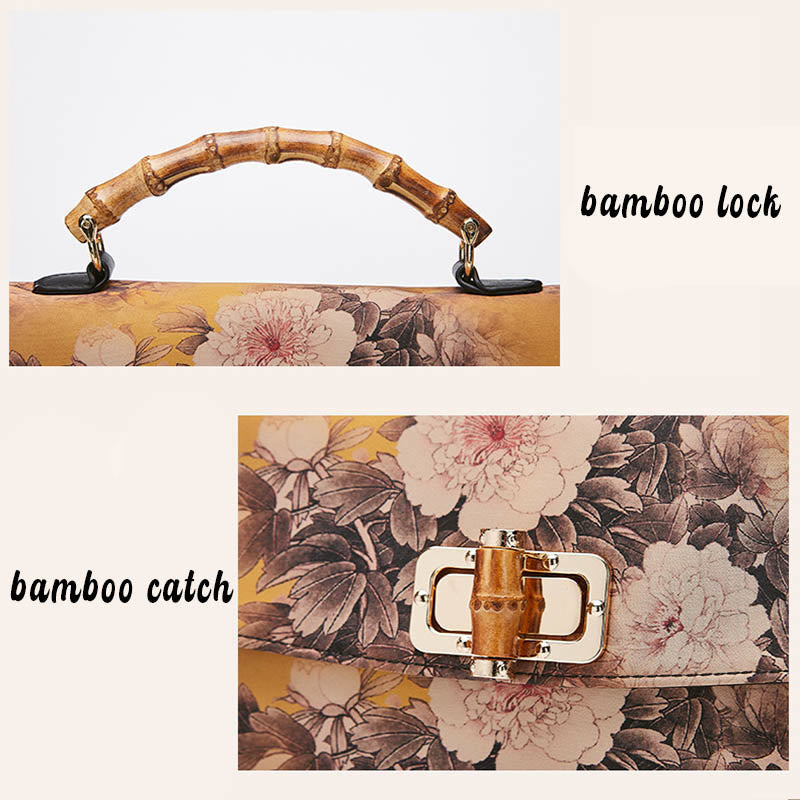 Flower Pattern Bamboo Handle Crossbody Bag 29cm