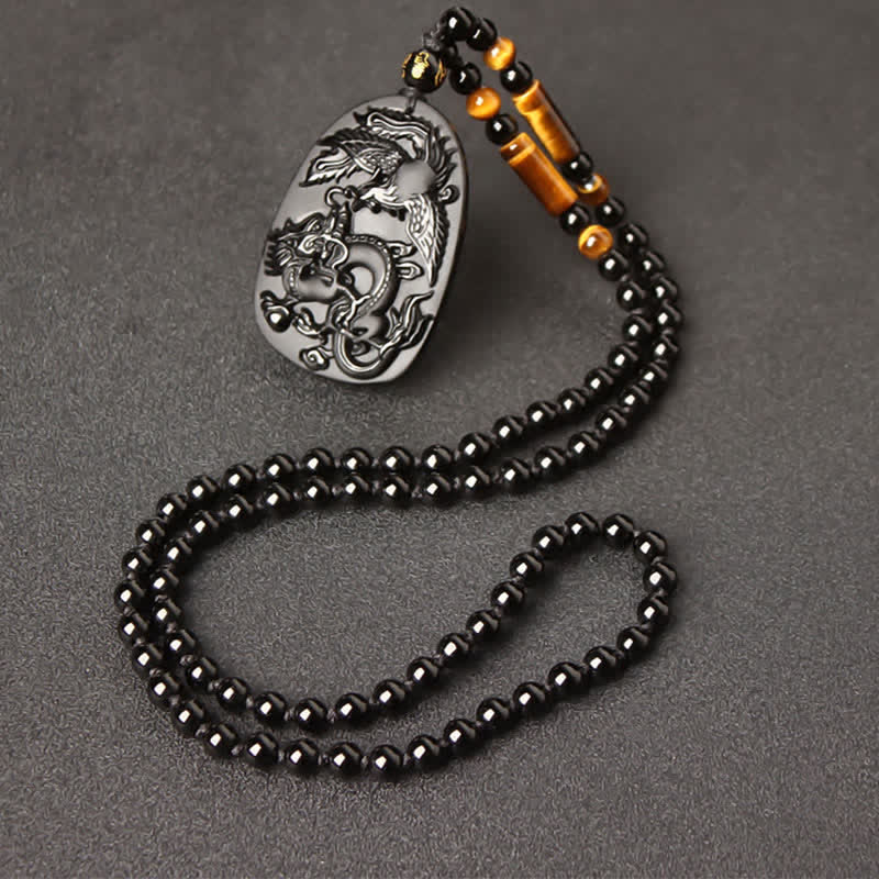 Black Obsidian Dragon Necklace with Tiger Eye Pendant for Protection