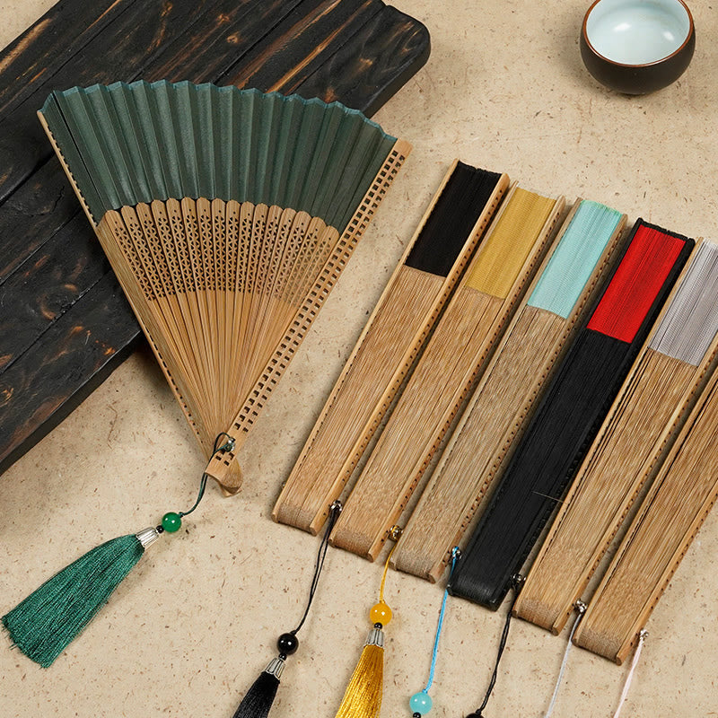 Vintage Chinese Folding Fan | Bamboo & Polyester Handheld Fan