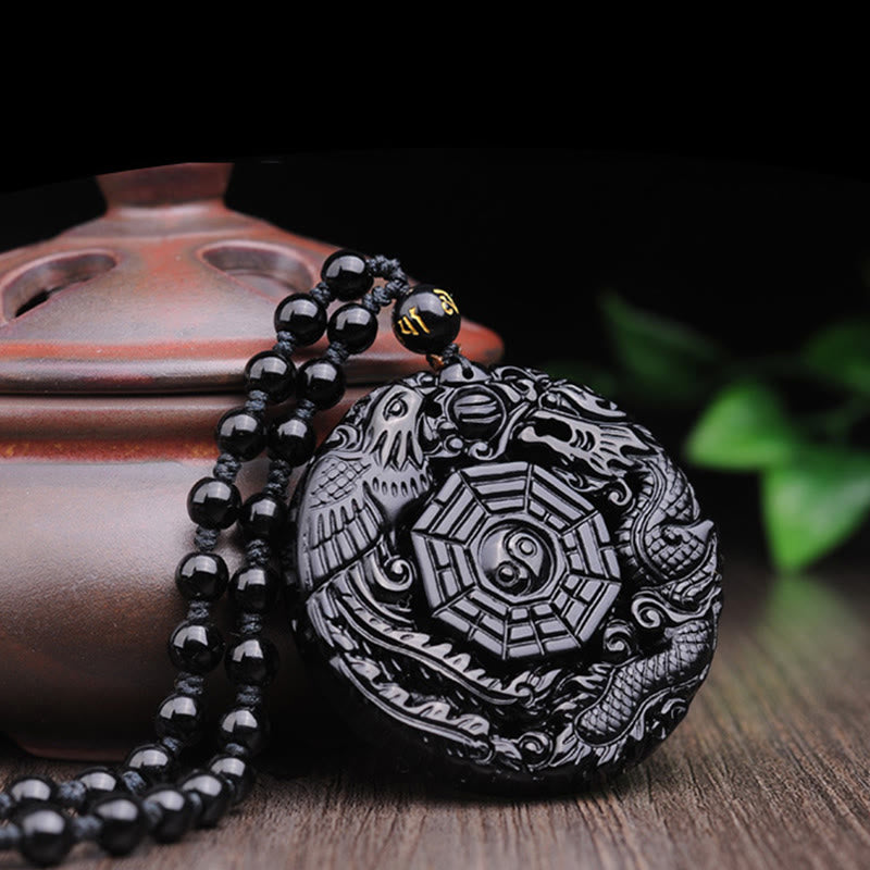 Obsidian Bagua Dragon Phoenix Fulfilment Pendant Necklace