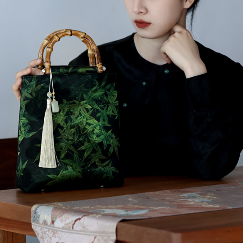 Bamboo Leaves Butterfly Koi Fish Handbag with Jade Handles