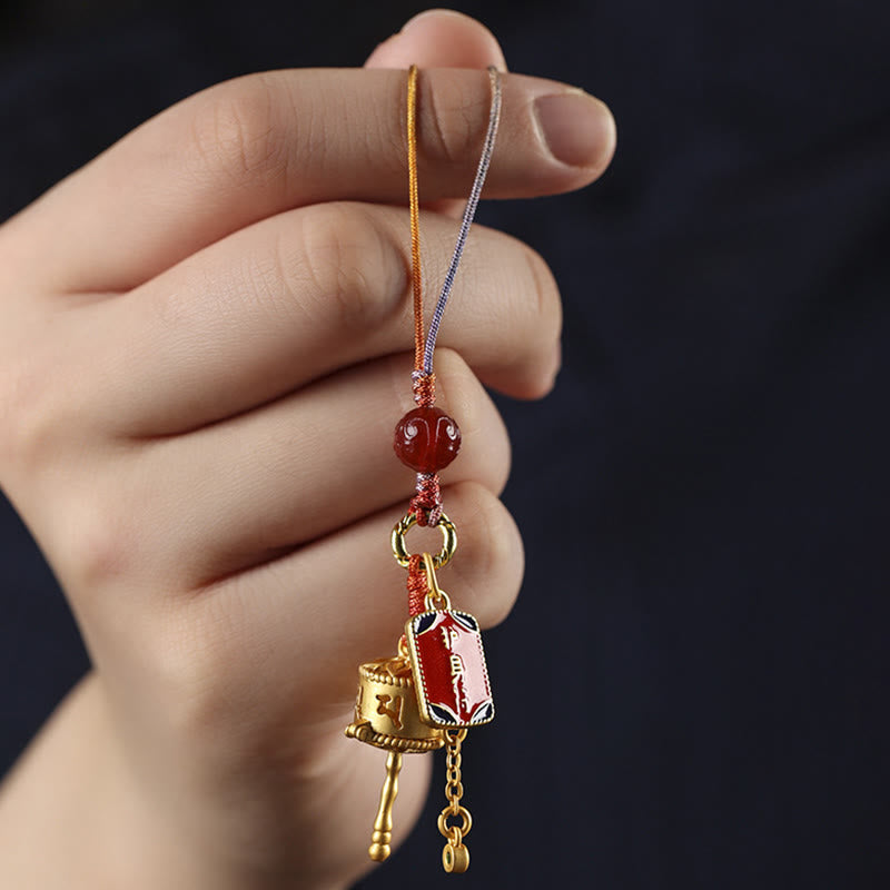 Om Mani Padme Hum Prayer Wheel Amulet in Red Agate with Copper Protection Charm