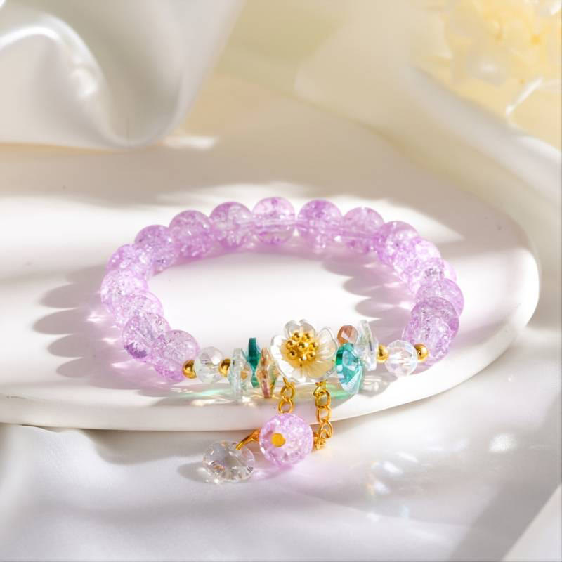 Spiritual Glass Bead Bracelet with Flower Charm for Protection