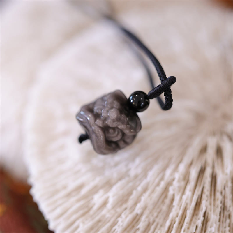 Silver Sheen Obsidian Dancing Lion Protection Necklace Unisex