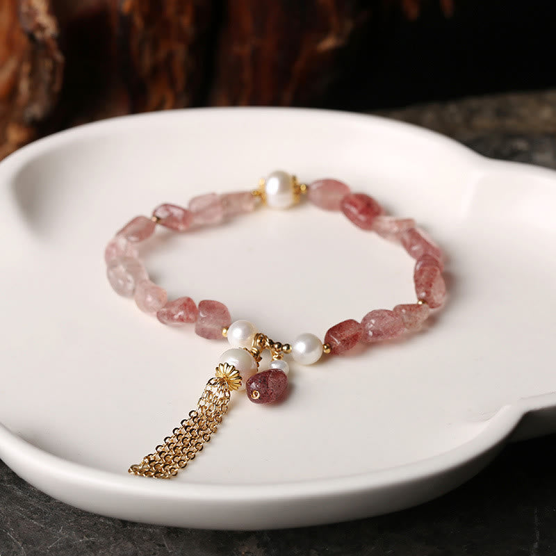 Strawberry Quartz Pearl 14k Gold Love Healing Bracelet