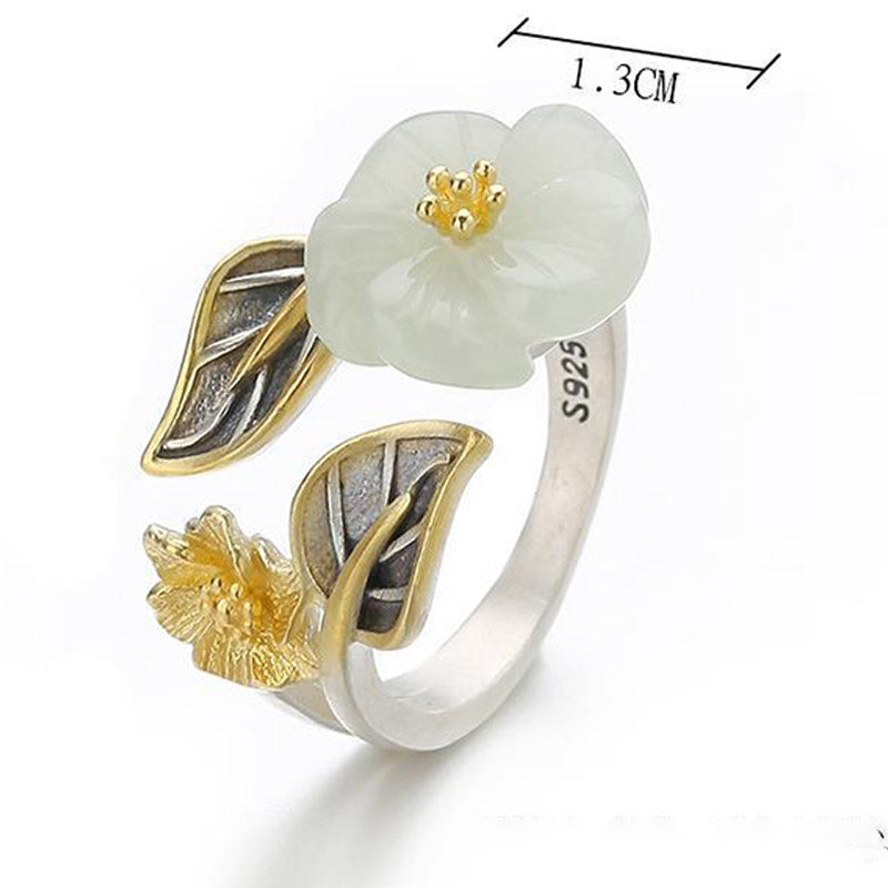 Unisex White Jade Luck Ring with 925 Silver Plated Copper Plum Flower