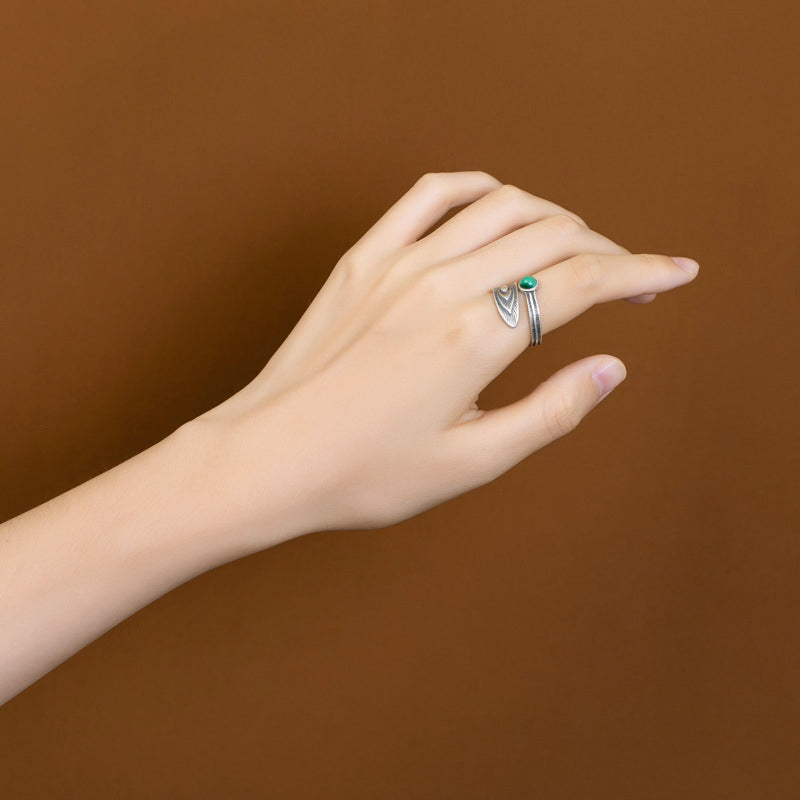 925 Sterling Silver Malachite Protection Ring with Feather Design