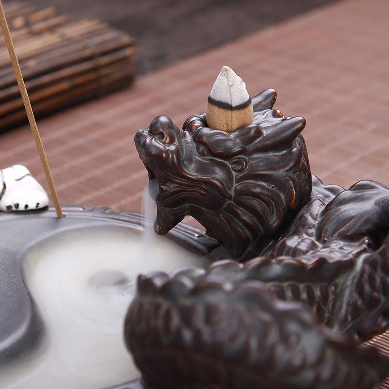 Ceramic Tiger Dragon Backflow Incense Burner for Meditation
