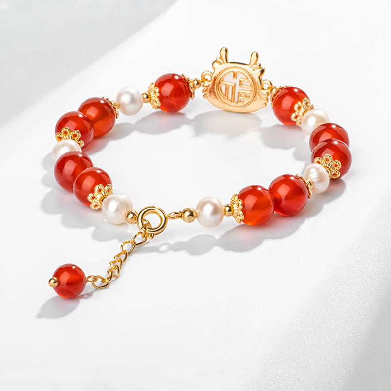 Red Agate Dragon Fu Character Protection Bracelet 8mm Beads
