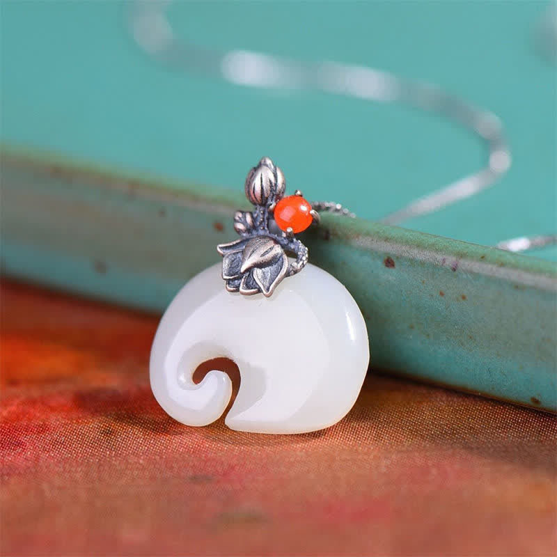 White Jade Elephant Lotus Protection Necklace 45cm