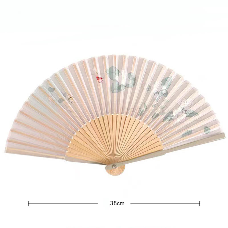 21cm Chinese Folding Fan with Lotus Begonia Jasmine Motifs in Bamboo Frame