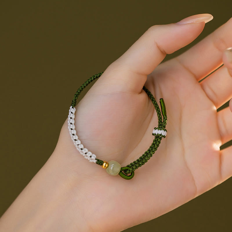 Sterling Silver Hetian Jade Luck Braided Rope Bracelet