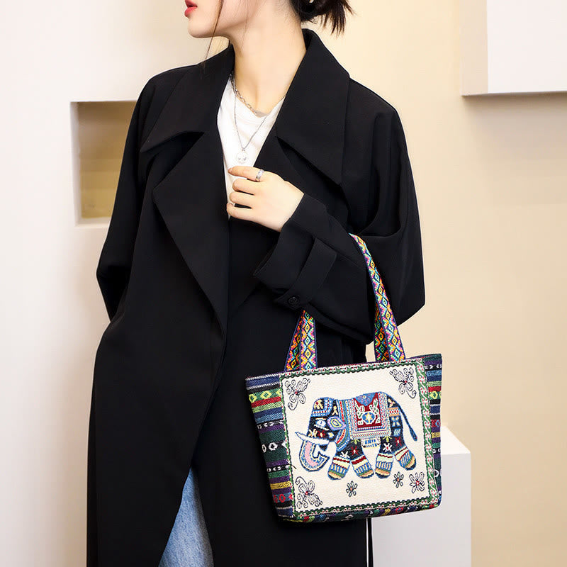 Large Canvas Tote Bag with Elephant Butterfly Embroidery - Spiritual Charm