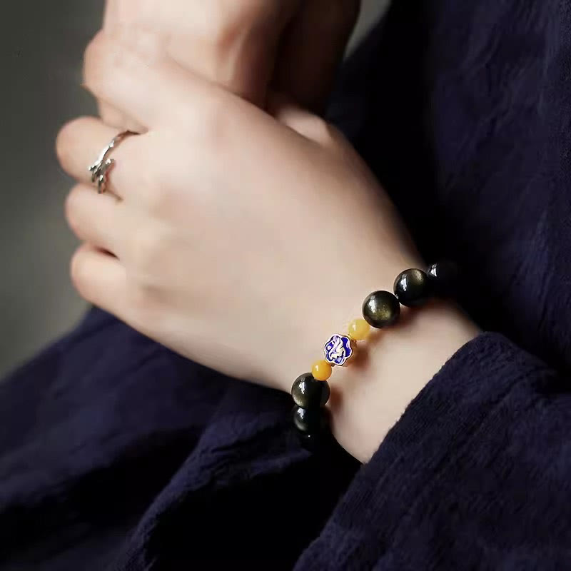 10mm Gold Sheen Obsidian Chinese Zodiac Protection Bracelet