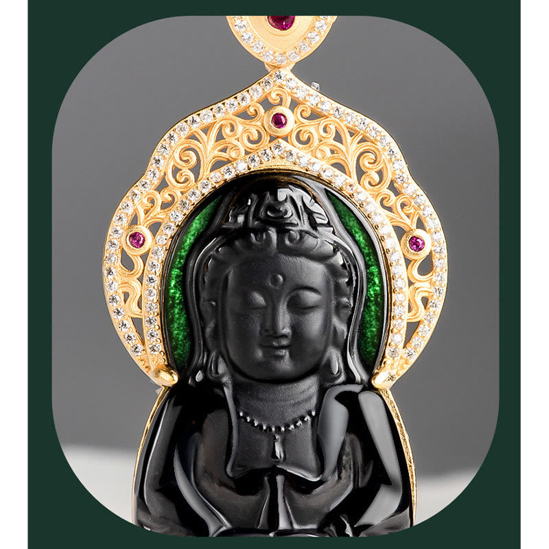 Black Jade Kwan Yin Avalokitesvara Necklace for Protection