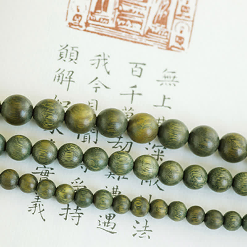 108 Wood Mala Beads Bracelet Green Sandalwood Lotus Beads