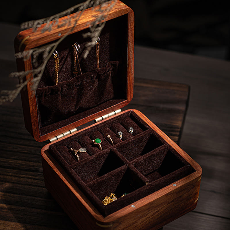 Rosewood Jewelry Box with Antique Flower Leaf Design - Handmade Storage
