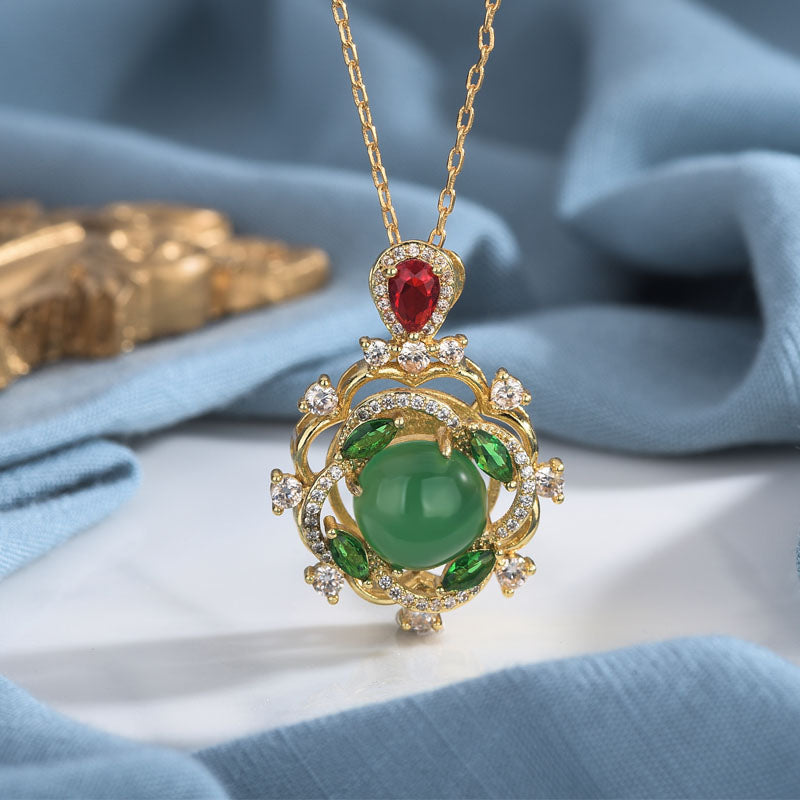 Cyan Jade and Red Crystal Luck Necklace for Harmony & Healing