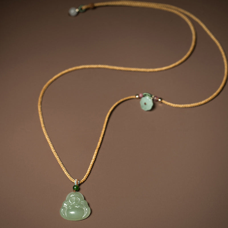 Laughing Buddha Jade Lotus Prosperity String Necklace