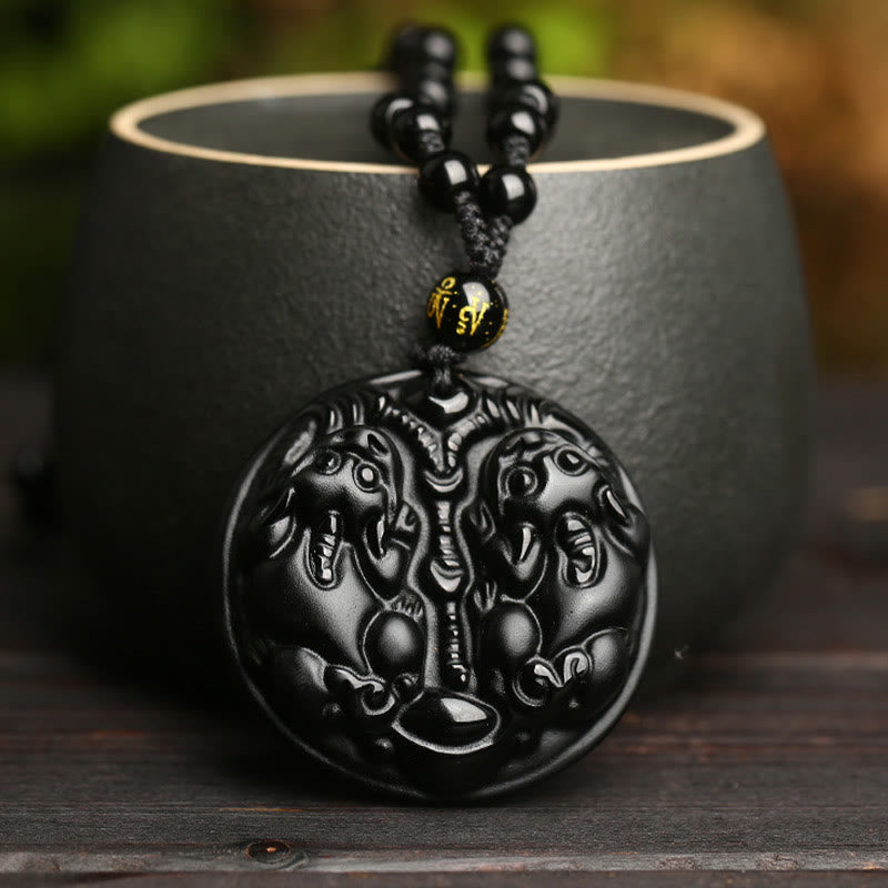 Black Obsidian Pixiu Pendant Necklace for Wealth & Protection