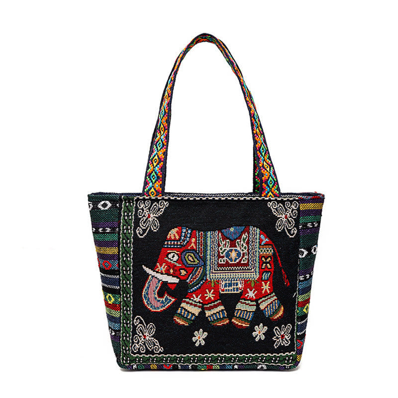 Large Canvas Tote Bag with Elephant Butterfly Embroidery - Spiritual Charm