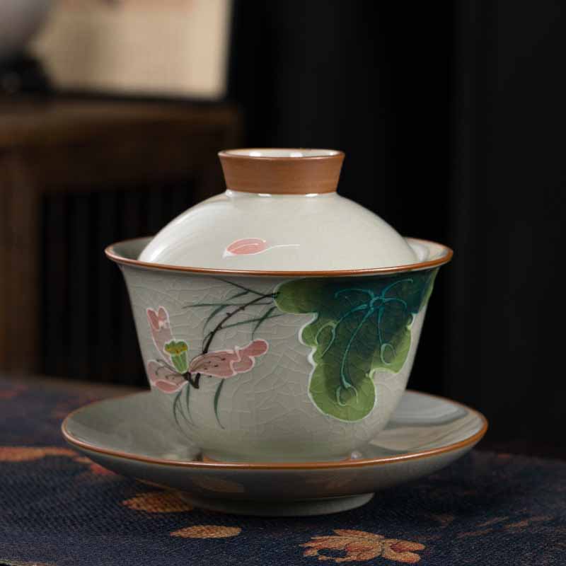 Zen Ceramic Lotus Koi Fish Gaiwan Teacup 140ml
