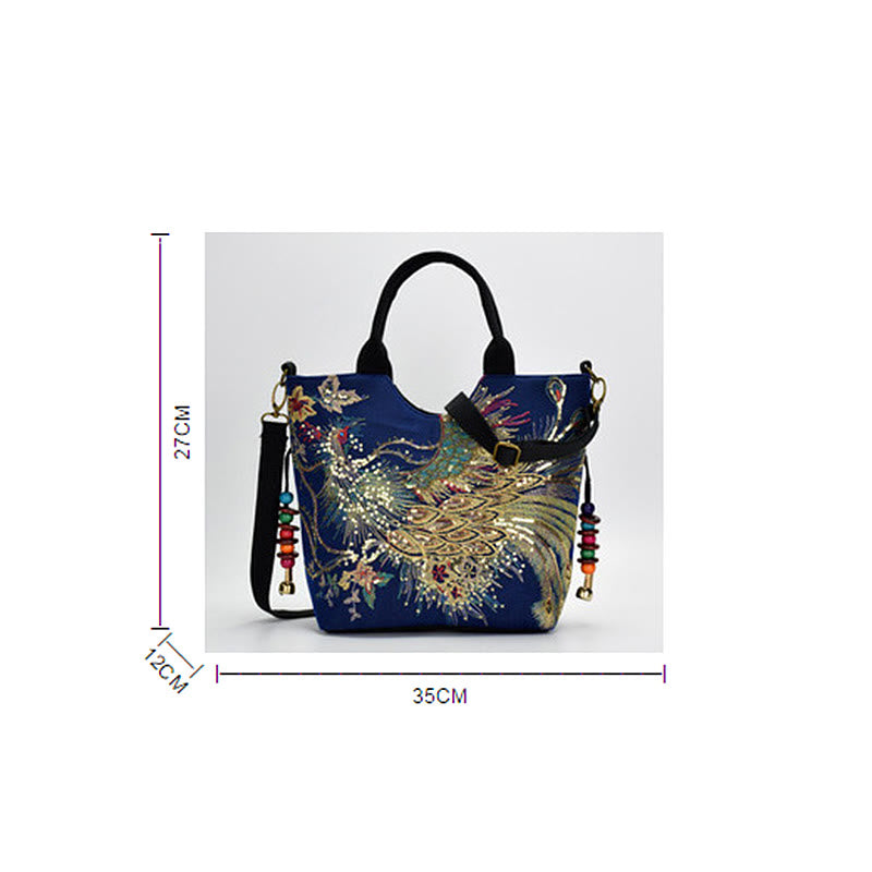 Peacock Embroidered Tote Bag | Canvas Shoulder Crossbody