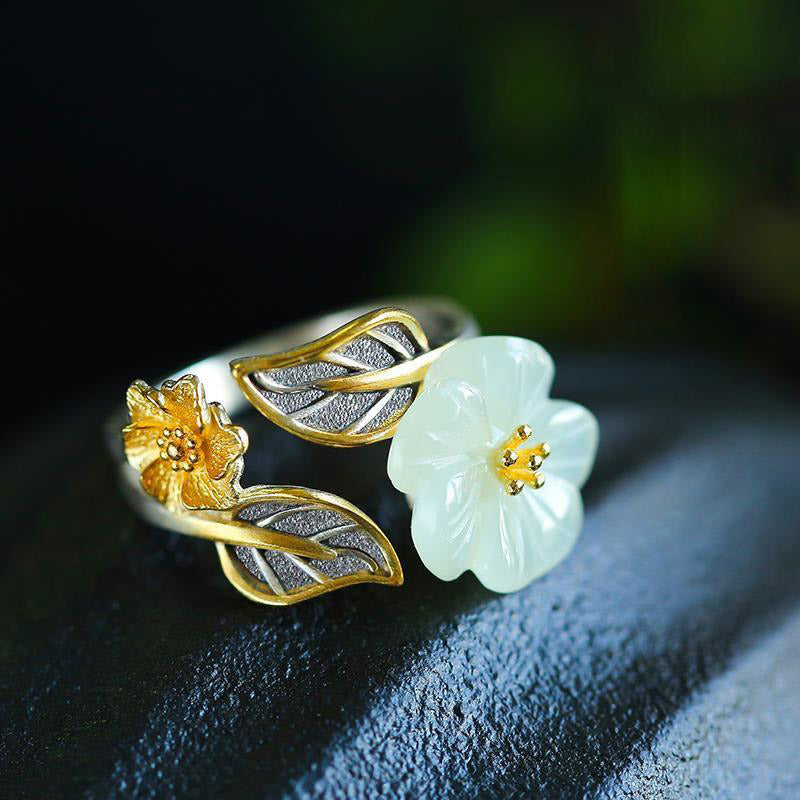 Unisex White Jade Luck Ring with 925 Silver Plated Copper Plum Flower