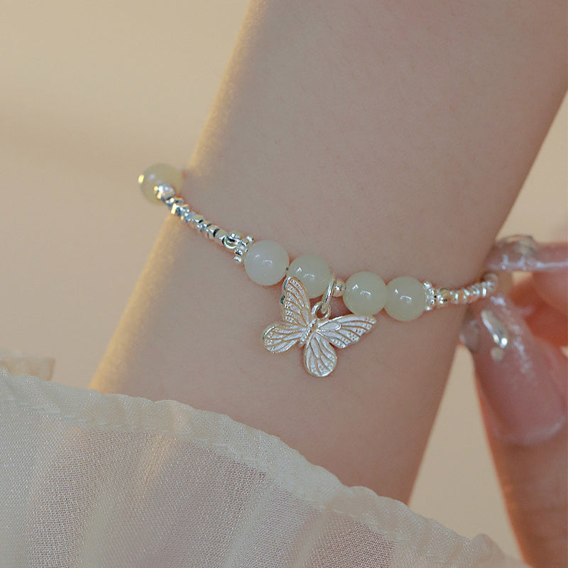 6mm Hetian Jade Luck Butterfly Sterling Silver Bracelet
