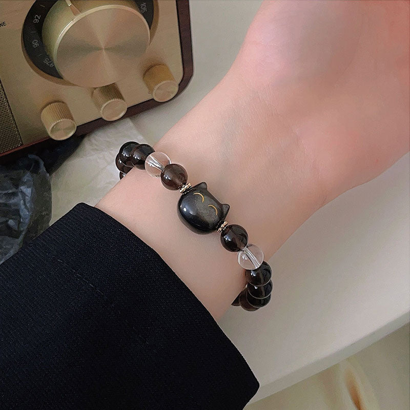 8mm Ice Obsidian Cat Charm Positive Unisex Bracelet
