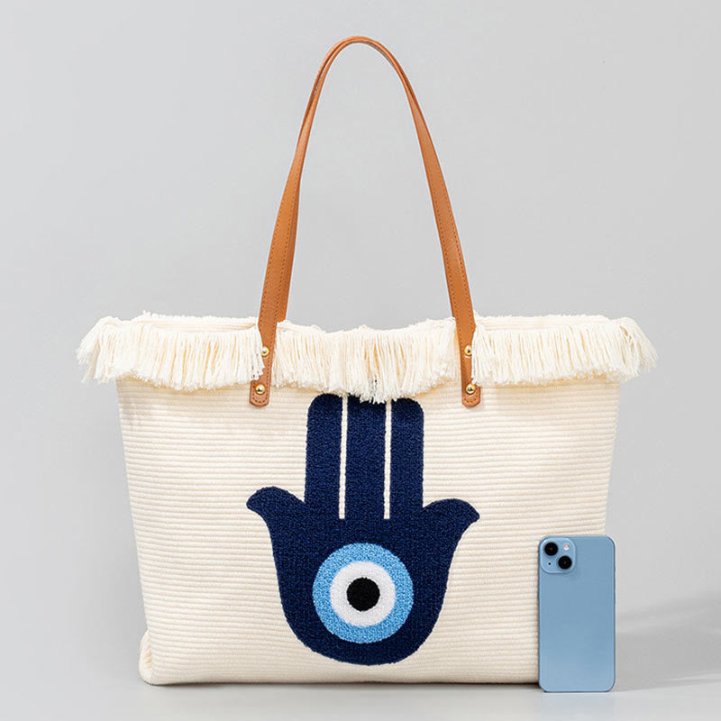 Large Capacity Canvas Evil Eye Tote Bag for Protection