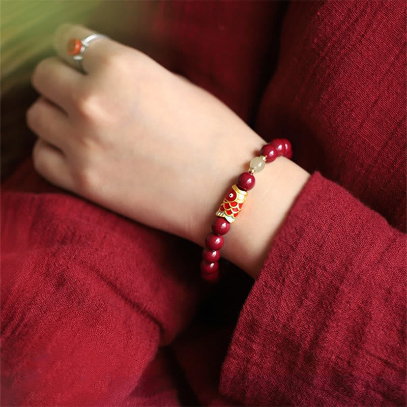 8mm Hetian Jade Blessing Bracelet with Cinnabar Koi Fish
