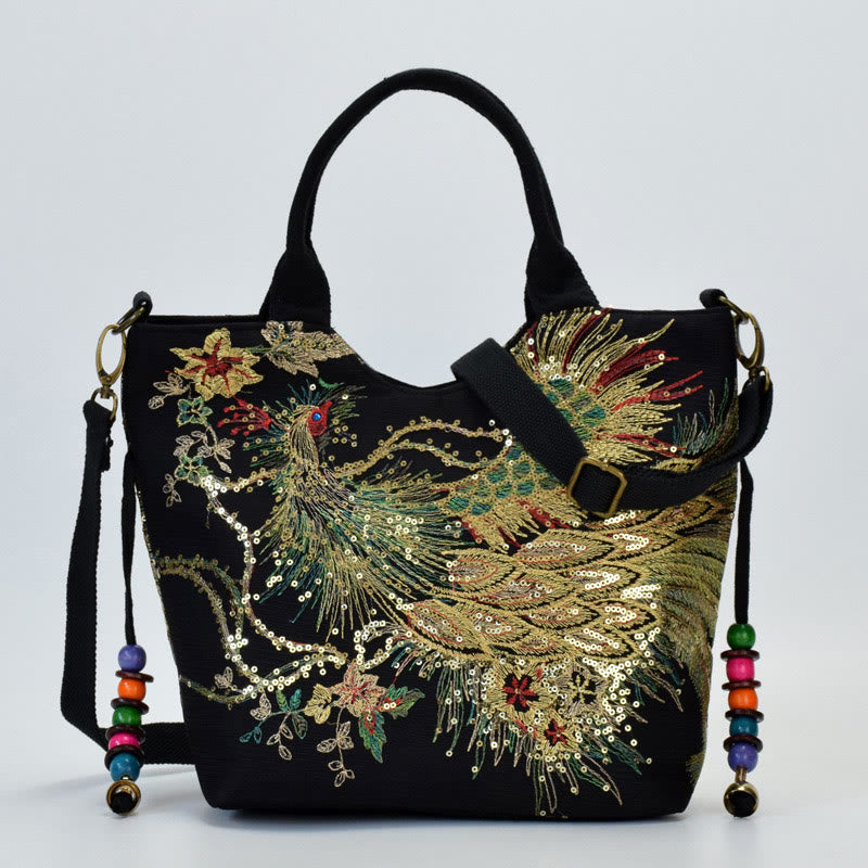 Peacock Embroidered Tote Bag | Canvas Shoulder Crossbody