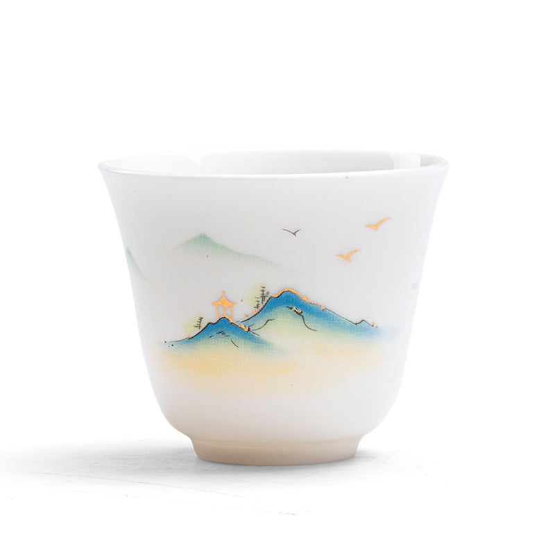 Zen Ceramic Teacup with Lotus Flower and Mountain Design 100ml