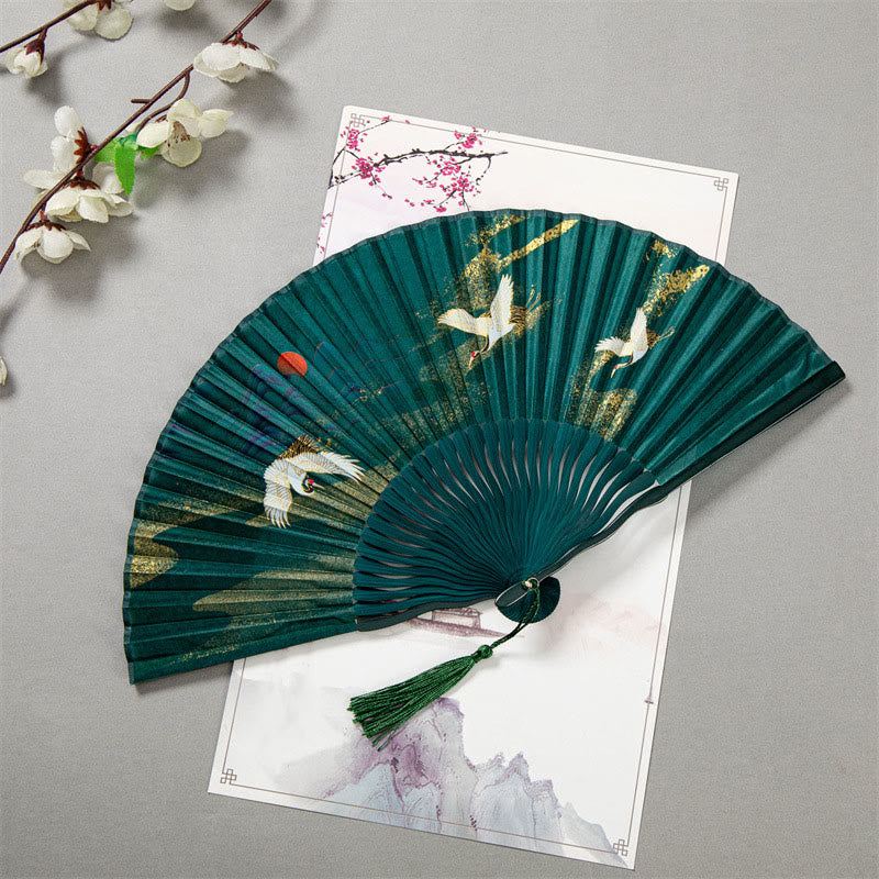 22cm Chinese Folding Silk Bamboo Fan with White Crane Design