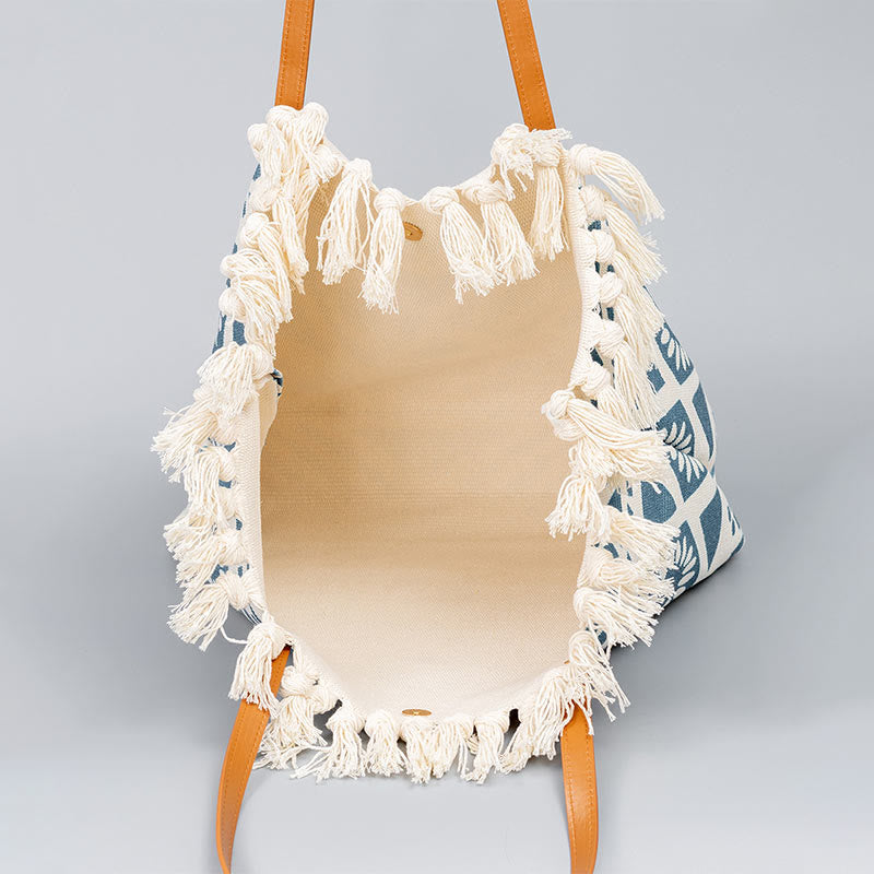Large Canvas Tote Bag With Boho Geometric Tassels 50cm