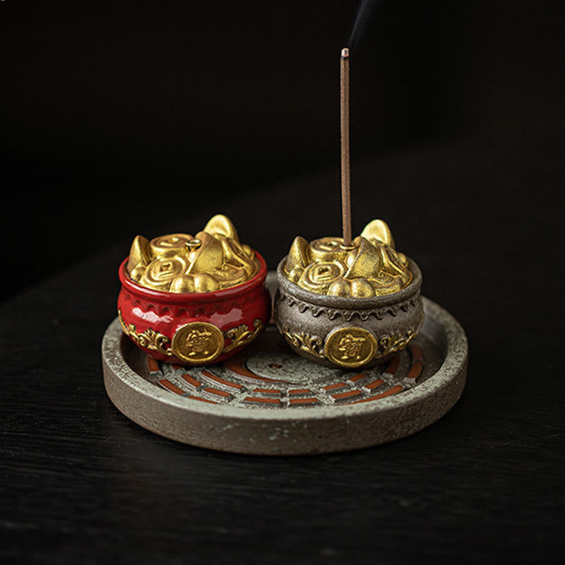 Ceramic Bagua Incense Burner | Treasure Bowl & Lucky Bag Set