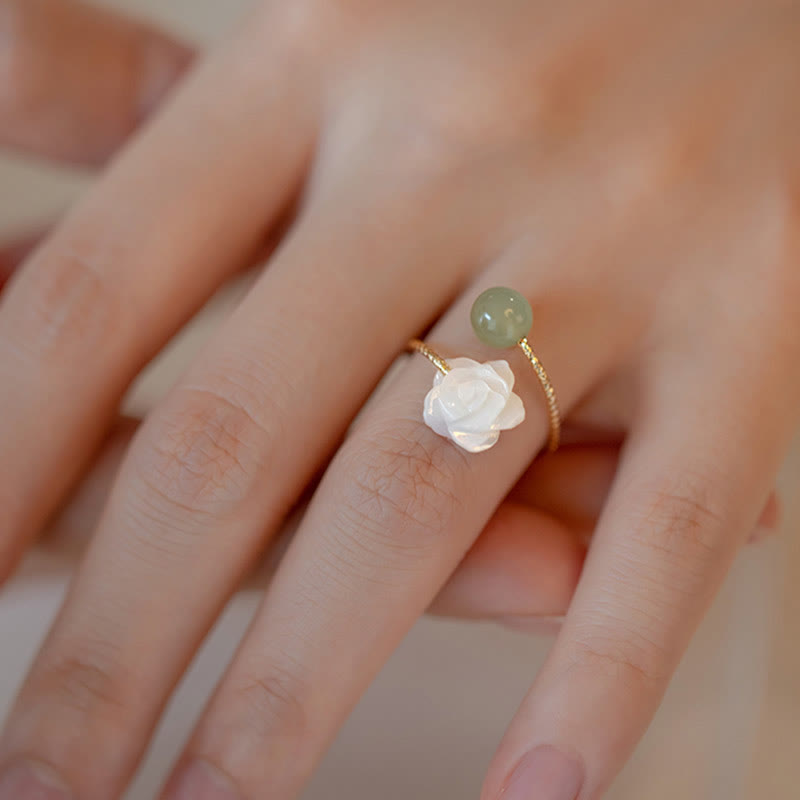 14K Gold Plated Tridacna Stone Jade Blessing Ring Adjustable