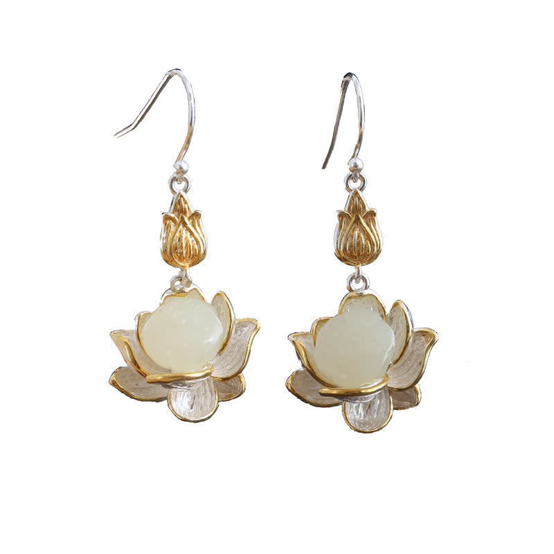 White Jade Protection Harmony Lotus Drop Earrings