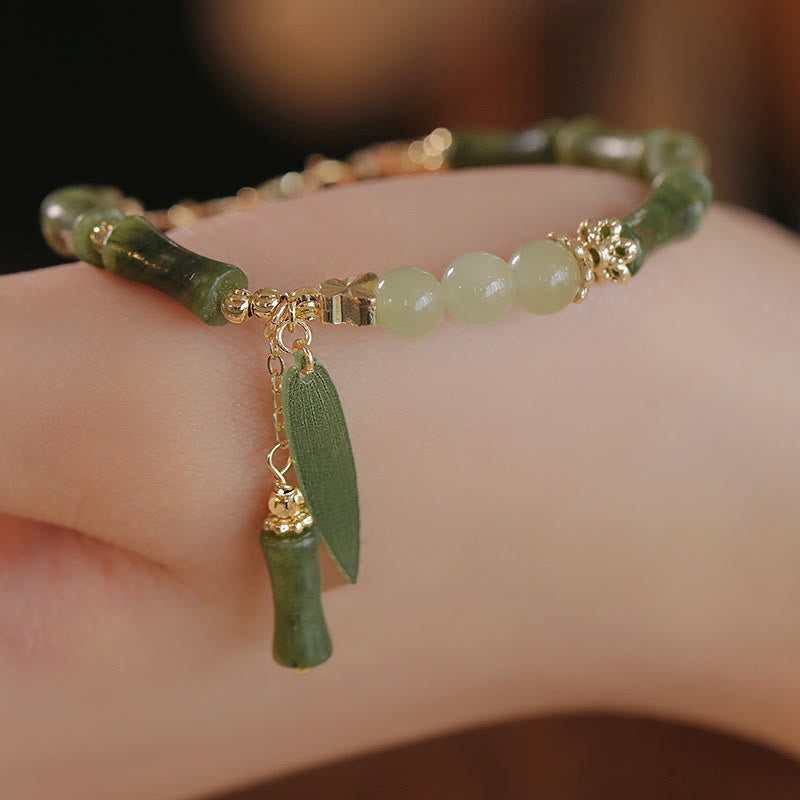 Jade Bracelet with Bamboo Leaf and Lily Pattern for Luck & Abundance