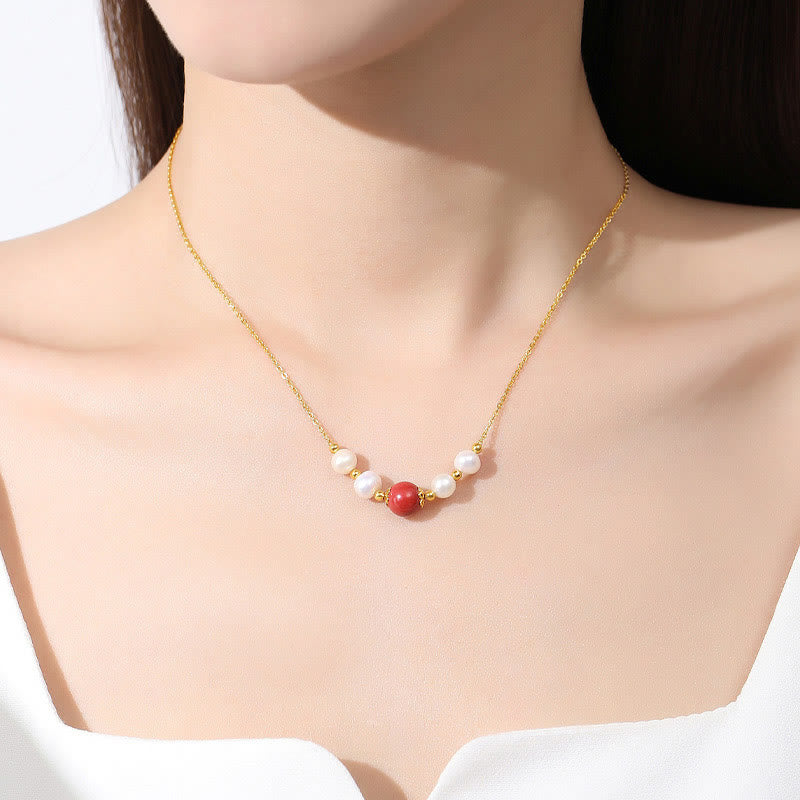925 Sterling Silver Pearl & Cinnabar Healing Bead Necklace
