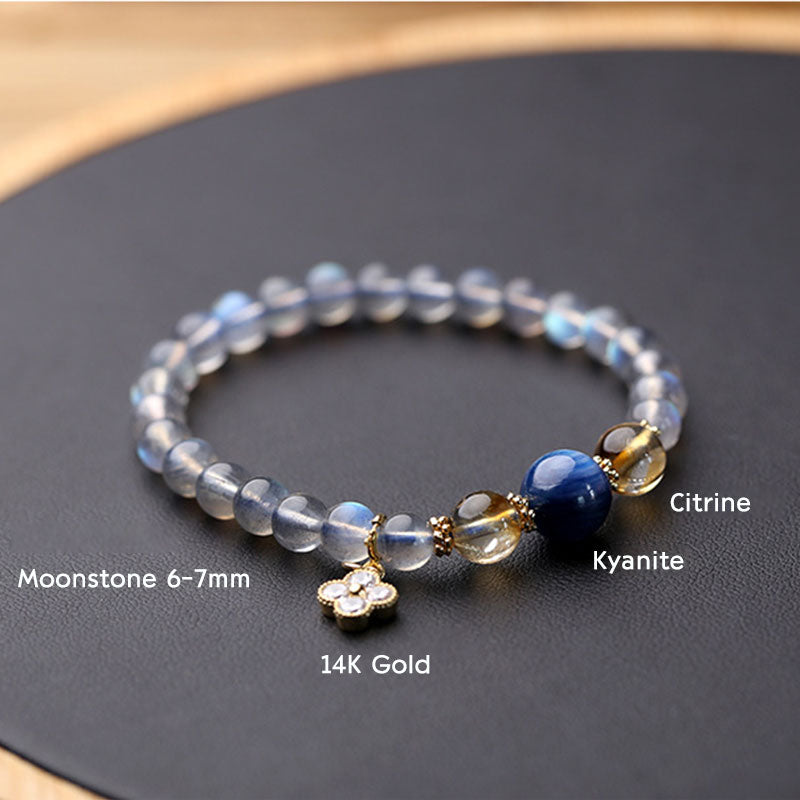 Moonstone Flower Charm Healing Bracelet 6-7mm Beads