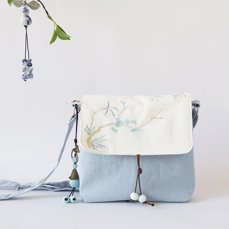Handmade Canvas Crossbody Bag with Plum Flowers 20x23cm